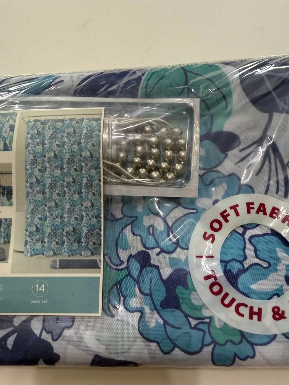 Floral Blue Shower Curtain Set with Hooks - Blue